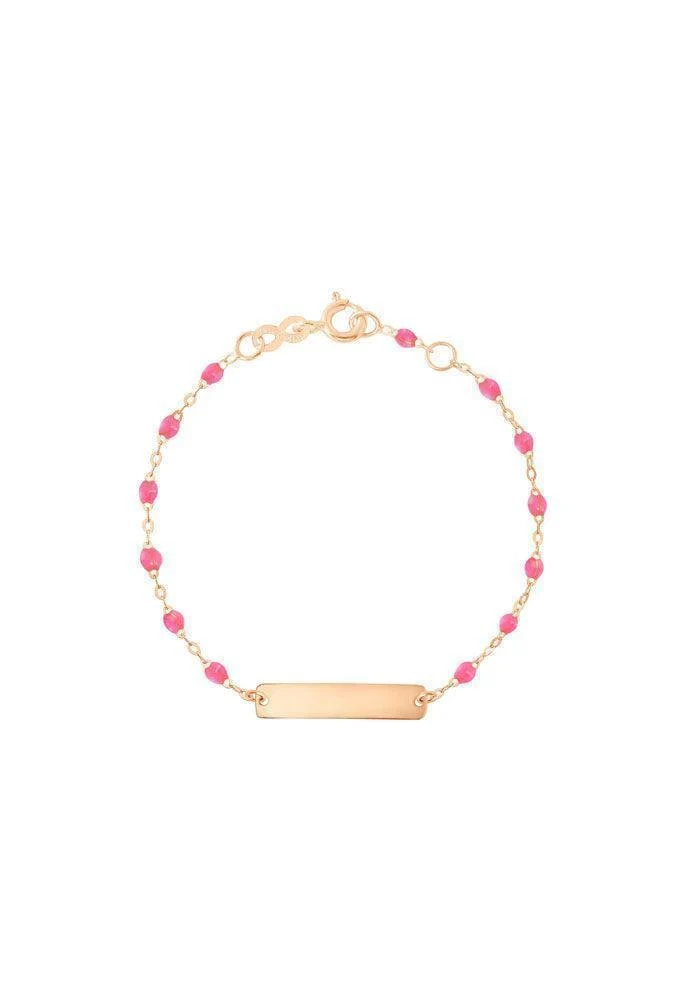 Bracelet Enfant Little Gigi Plaque Rectangle Résine Rose Fluo Or Rose 13cm