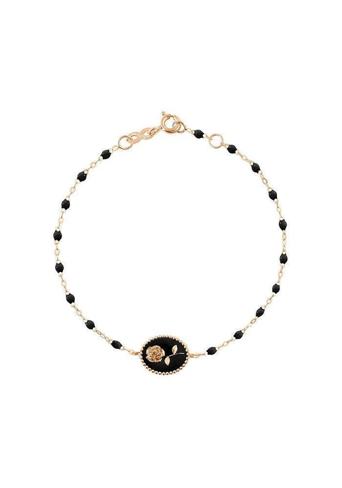 Bracelet Rose En Or Rose Et Résines Noir 17cm
