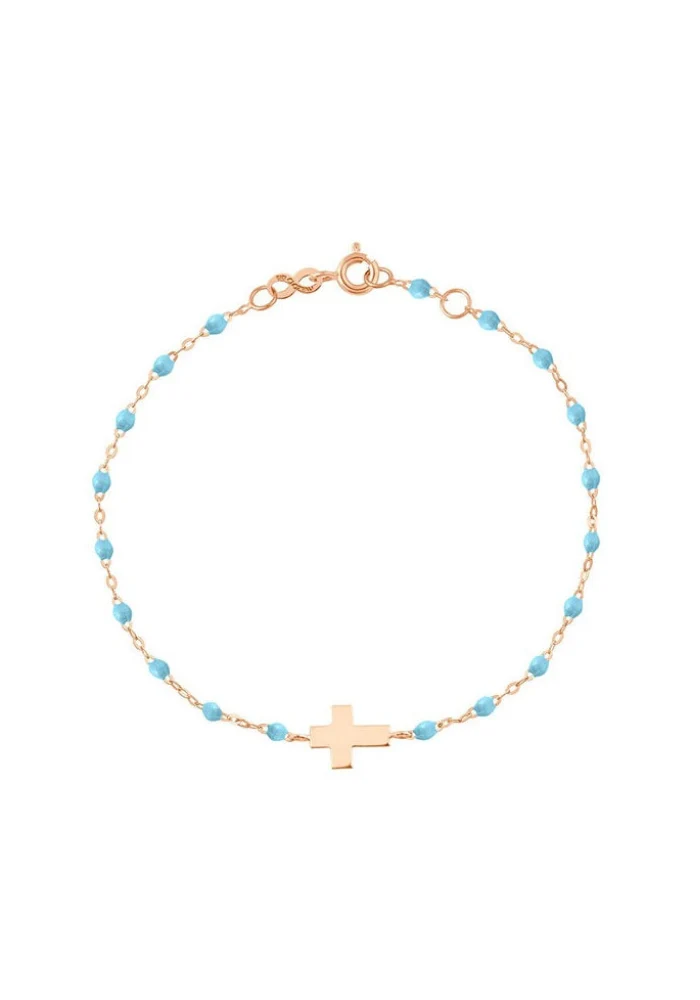 Bracelet Croix Or Rose Et Résines Turquoise 17cm