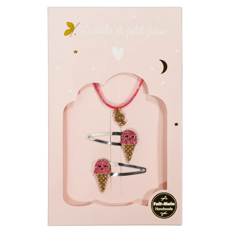 Coffret Candy Kiss - Barrettes Ice cream framboise & bracelet Candy Kiss (bonbon)– Luciole et Petit Pois