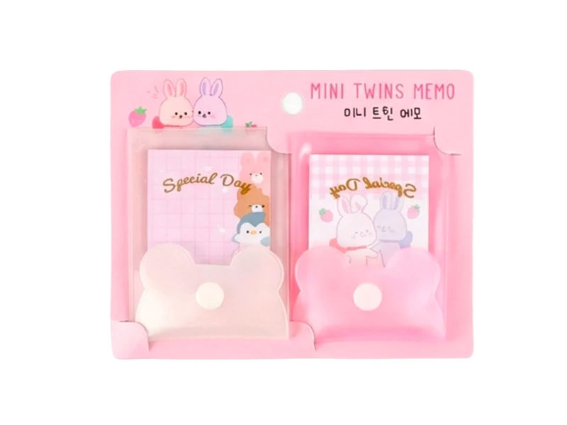 Lot de 2 Mini blocs mémo pochettes Twins - Rose et blanc