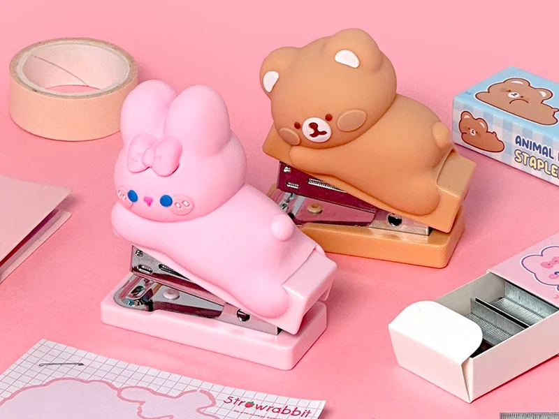 Set mini agrafeuse Lapin rose Kawaii & agrafes