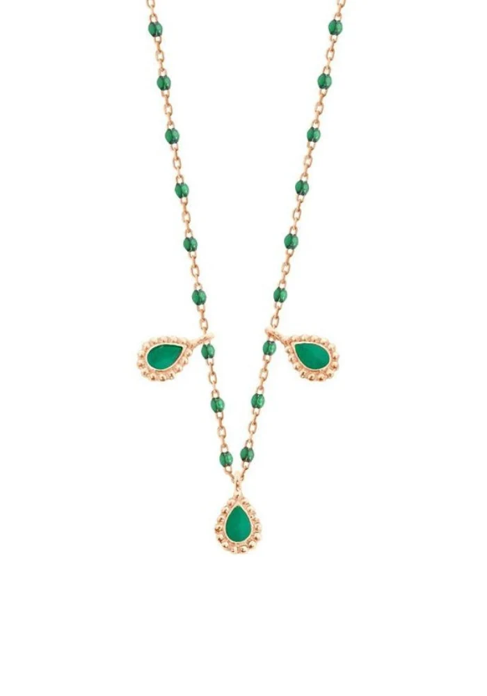 Collier Lucky Cashmere Or Rose Et Résines Vert Émeraude 42cm