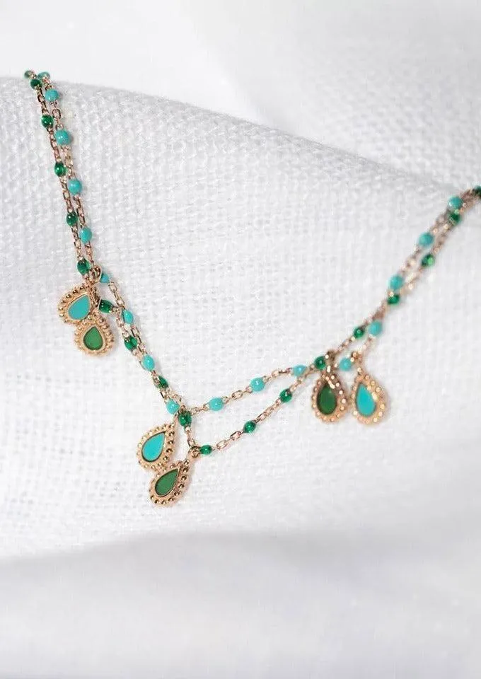 Collier Lucky Cashmere Or Rose Et Résines Vert Émeraude 42cm