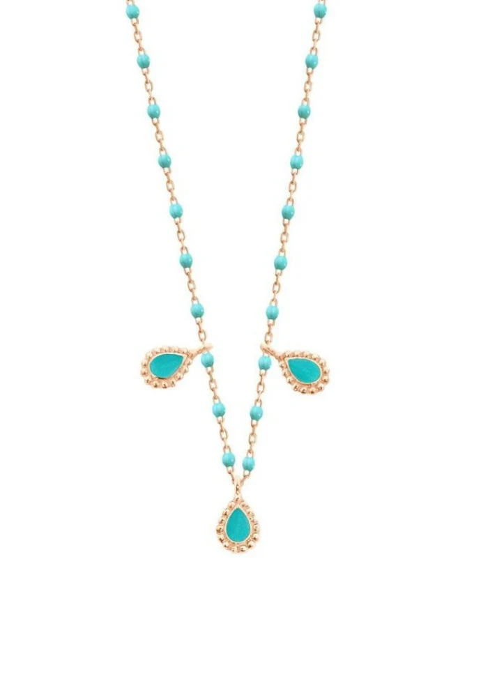 Collier Lucky Cashmere Or Rose Et Résine Turquoise Vert 42cm