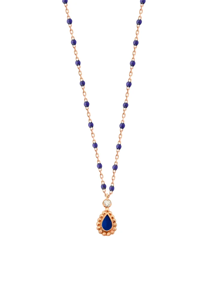 Collier Lucky Cashmere Or Rose Diamant Et Résines Bleu De Prusse 42cm