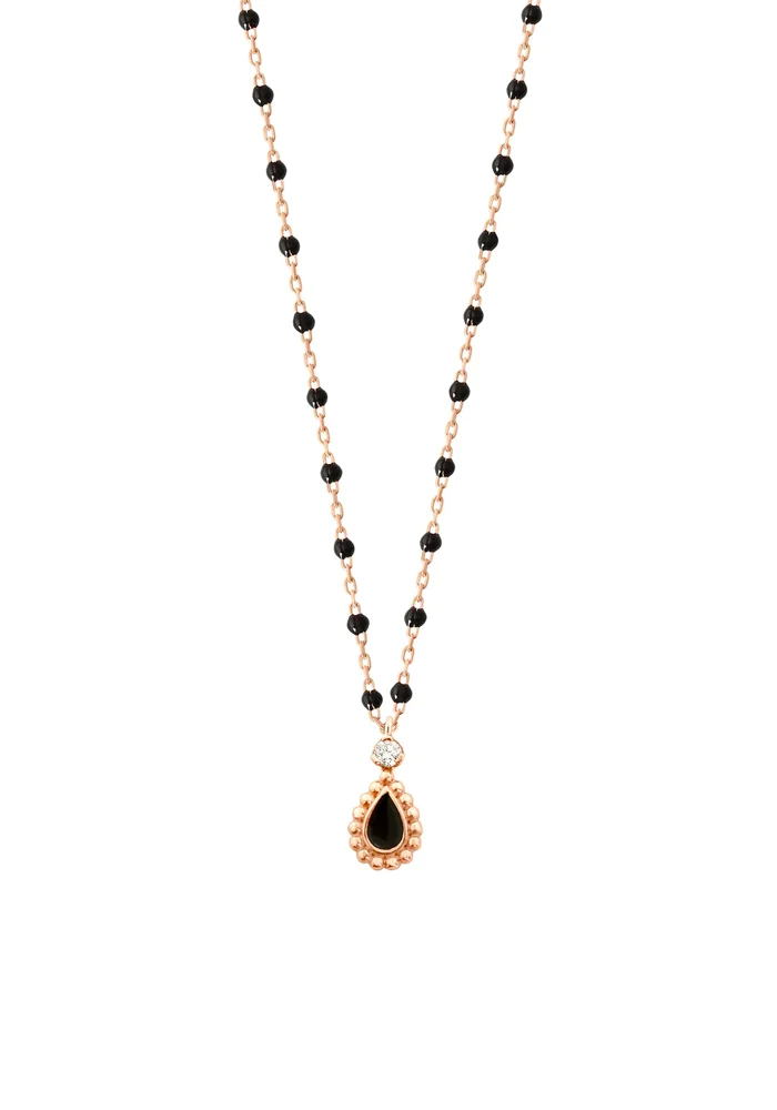 Collier Lucky Cashmere Or Rose Diamant Et Résines Noir 42cm