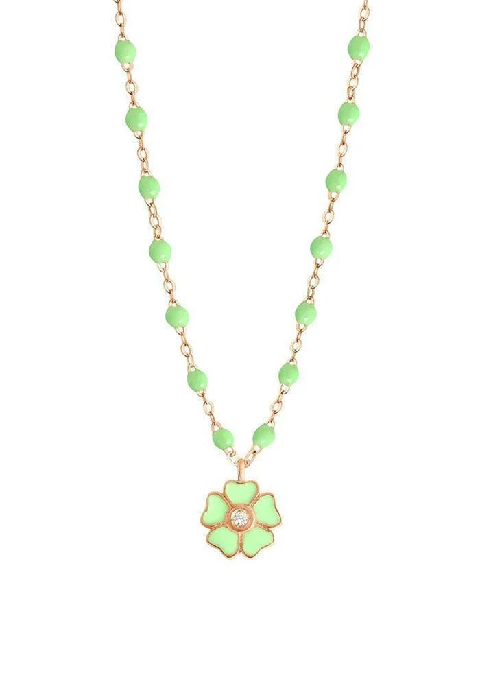 Collier Fleur Or Rose Diamant Et Résines Anis 42cm