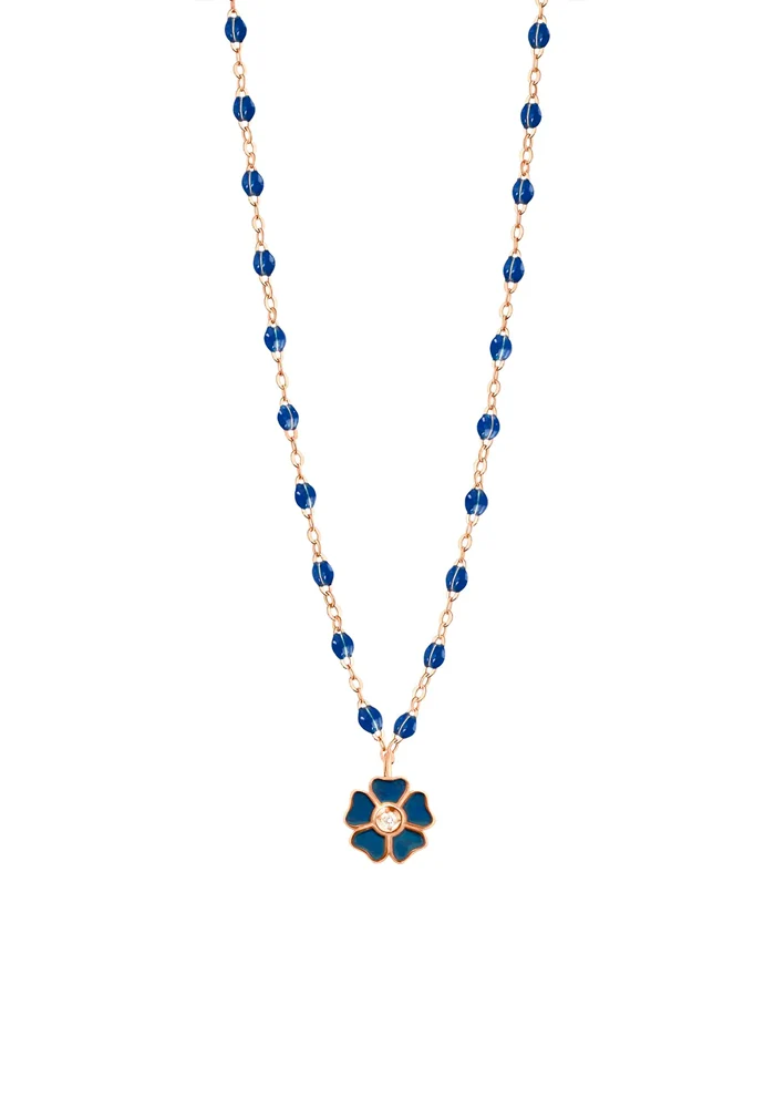 Collier Fleur Or Rose Diamant Et Résines Bleu De Prusse 42cm