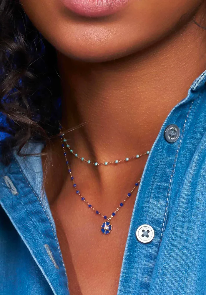 Collier Fleur Or Rose Diamant Et Résines Bleu De Prusse 42cm