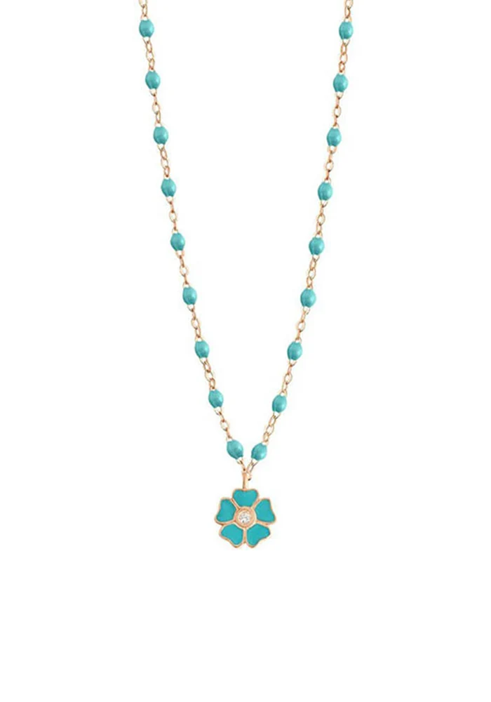 Collier Fleur Or Rose Diamant Et Résines Jade 42cm