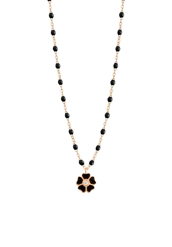 Collier Fleur Or Rose Diamant Et Résines Noir 42cm