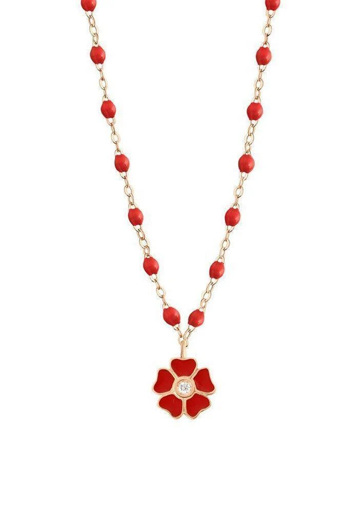 Collier Fleur Or Rose Diamant Et Résines Coquelicot 42cm