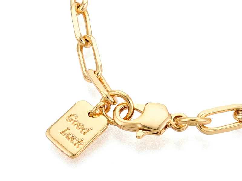 Bracelet chaîne trombone médaille Good Luck 21,5 cm - laiton doré à l’or fin