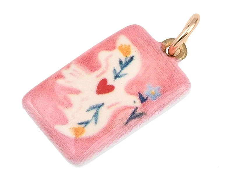 Breloque rectangle rose oiseau - laiton doré clair