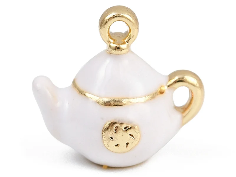 Breloque théière blanche émaillée - doré