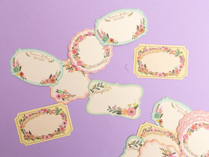Stickers étiquettes en papier - Fleurs bleu-gris, lot de 30