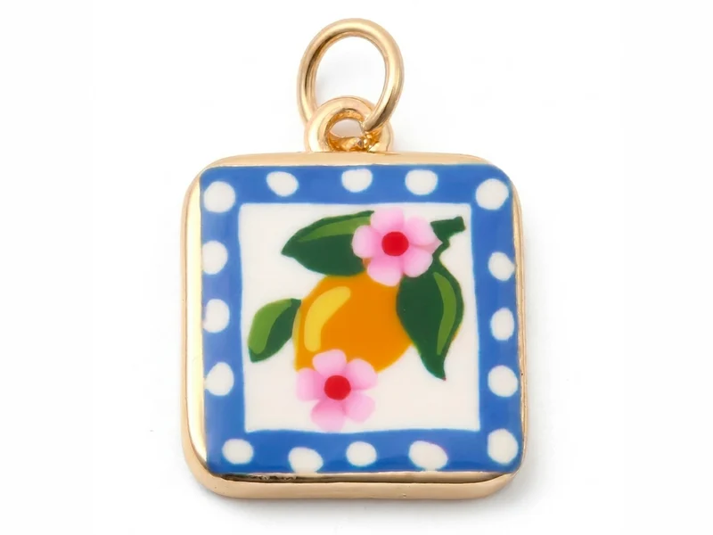 Breloque carrée citron fleuri imprimée - laiton doré
