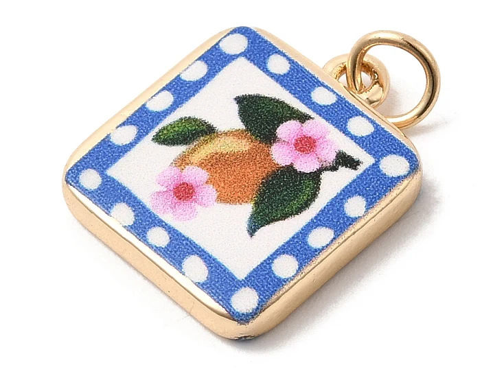 Breloque carrée citron fleuri imprimée - laiton doré