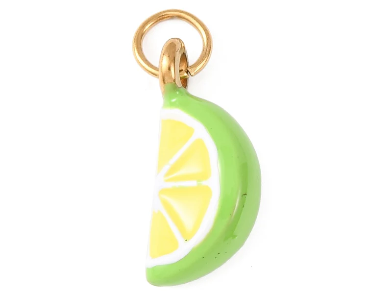Breloque quartier de citron vert émaillée - acier inoxydable 304 doré