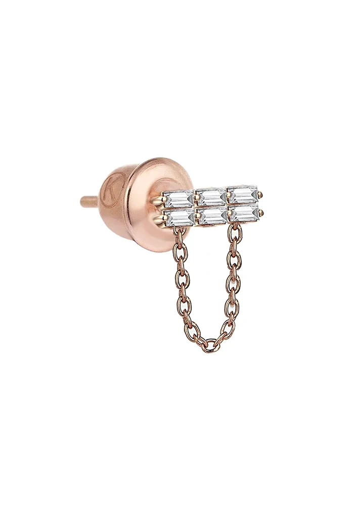 Bo Moment Puce 2 Rangs De Diamants Baguette Blancs 0,06ct Avec Chaine En Dessous Or Rose 14k 0,57g X1