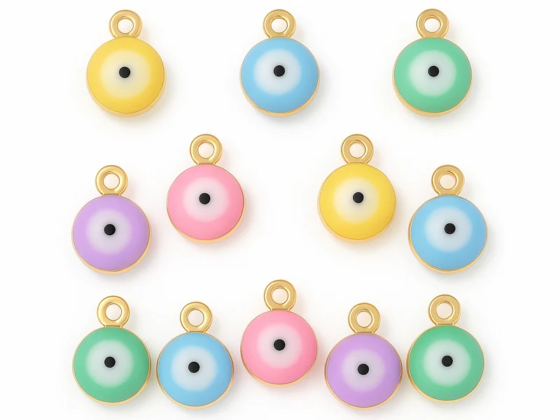 Lot de 10 Breloques grelot oeil émaillé pastel plaqué or 18 K