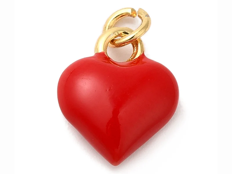 Breloque cœur émaillé rouge en laiton plaqué or 18 K