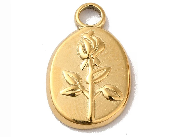 Pendentif ovale en acier inoxydable 304 avec charm fleur – Plaqué or 18K