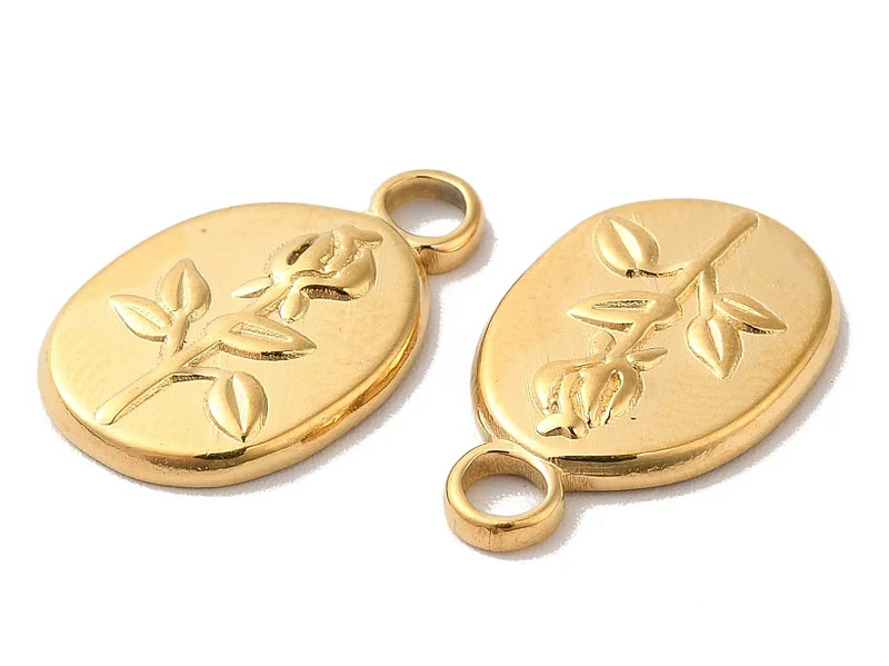 Pendentif ovale en acier inoxydable 304 avec charm fleur – Plaqué or 18K