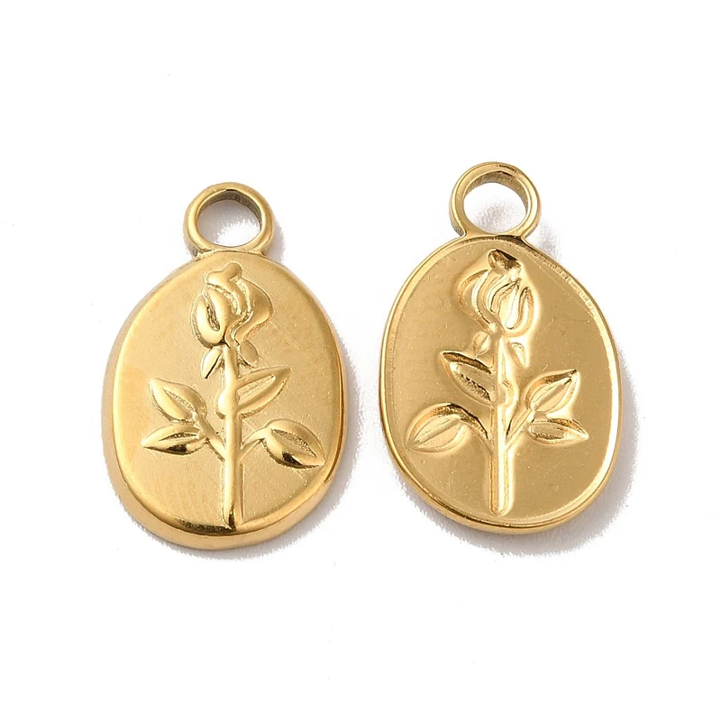 Pendentif ovale en acier inoxydable 304 avec charm fleur – Plaqué or 18K