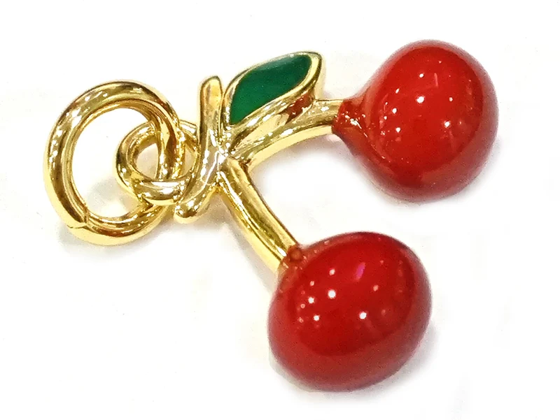 Breloque cerises émaillées en laiton plaqué or 18 K – Duo fruité pour créations DIY