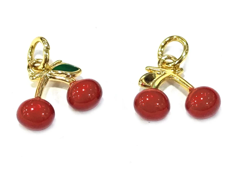 Breloque cerises émaillées en laiton plaqué or 18 K – Duo fruité pour créations DIY