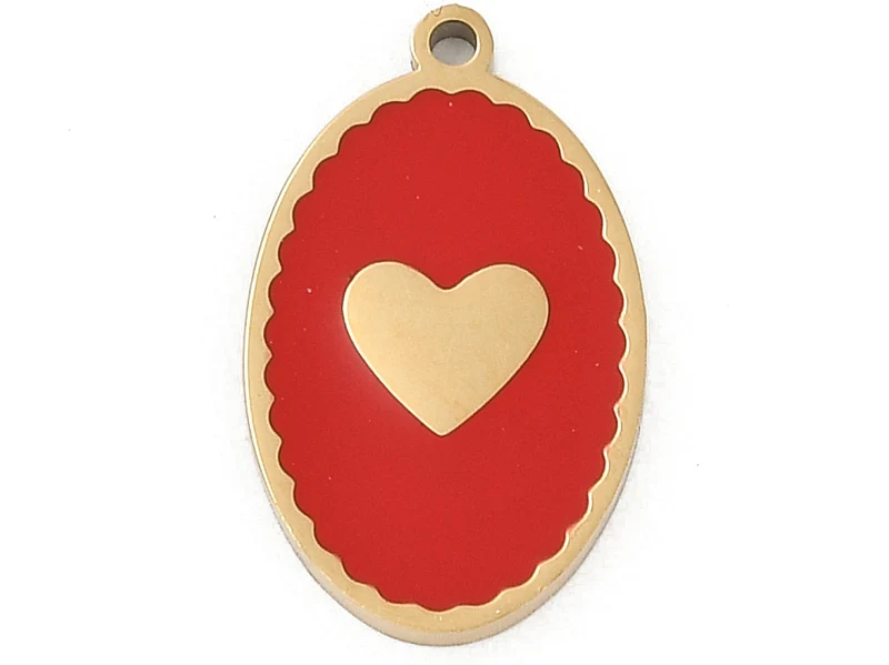 Pendentif ovale cœur émaillé rouge plaqué or 18K