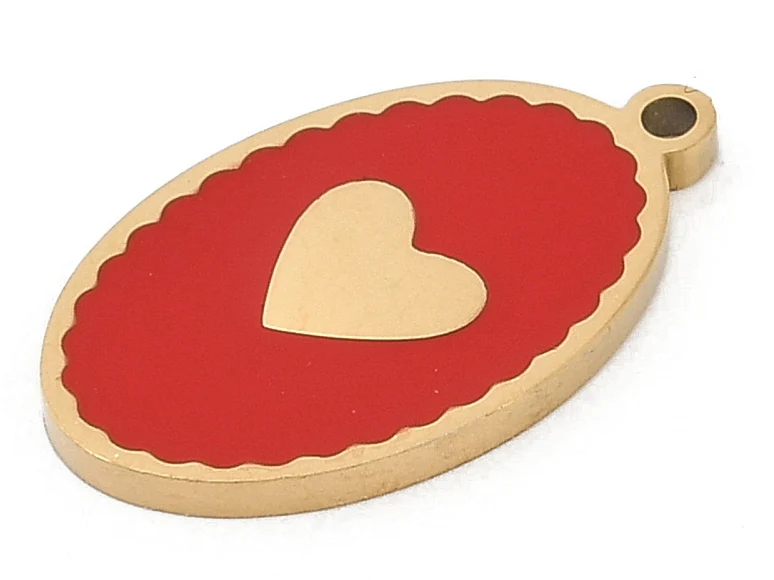 Pendentif ovale cœur émaillé rouge plaqué or 18K