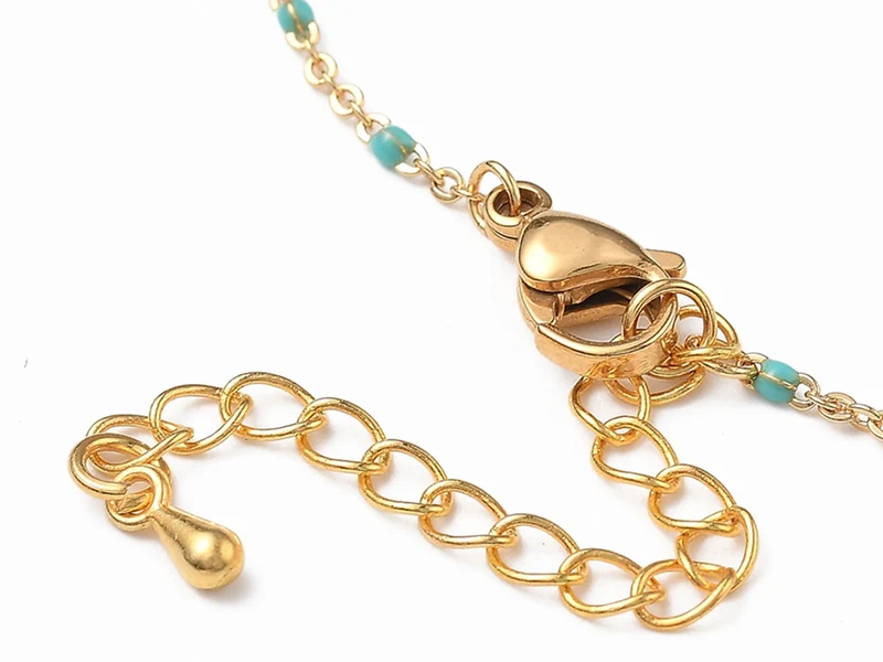 Bracelet chaînette émaillée à petits points turquoise - 18,5 cm - doré à l'or fin 18K