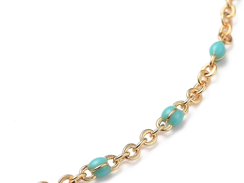 Bracelet chaînette émaillée à petits points turquoise - 18,5 cm - doré à l'or fin 18K