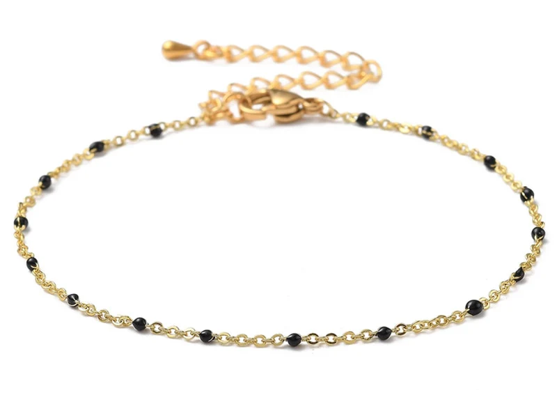 Bracelet chaînette émaillée à petits points noirs - 18,5 cm - doré à l'or fin 18K