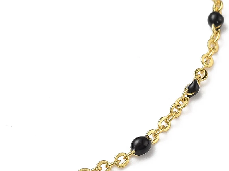 Bracelet chaînette émaillée à petits points noirs - 18,5 cm - doré à l'or fin 18K
