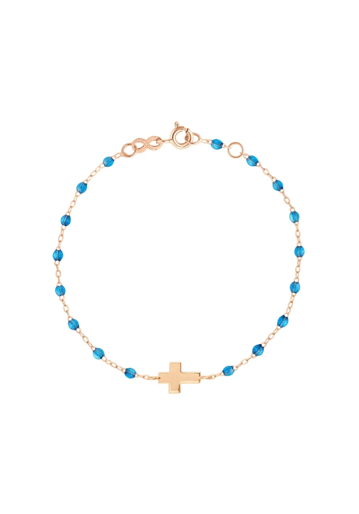 Bracelet Croix Or Rose Et Résines Azur 17cm
