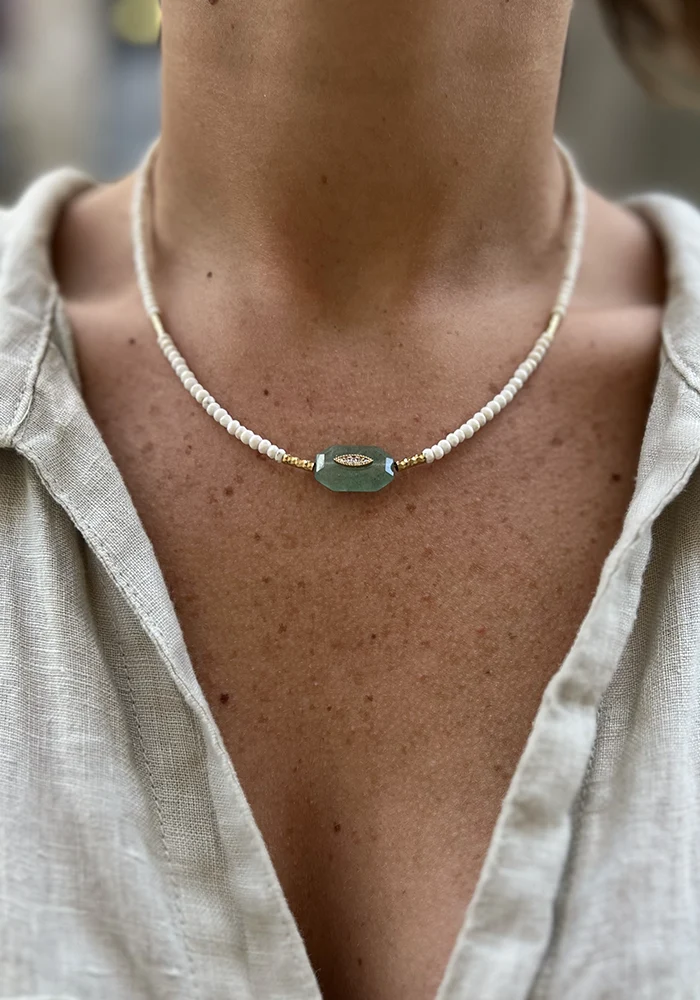 Collier Inside 2 Quartz Vert Et Perles Blanches