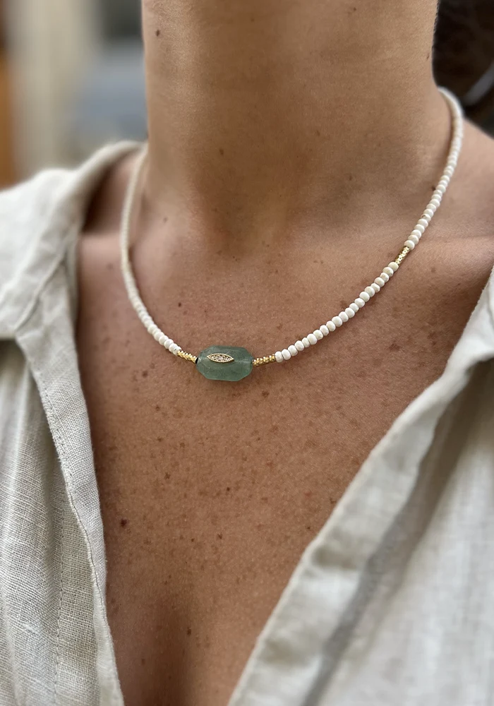 Collier Inside 2 Quartz Vert Et Perles Blanches