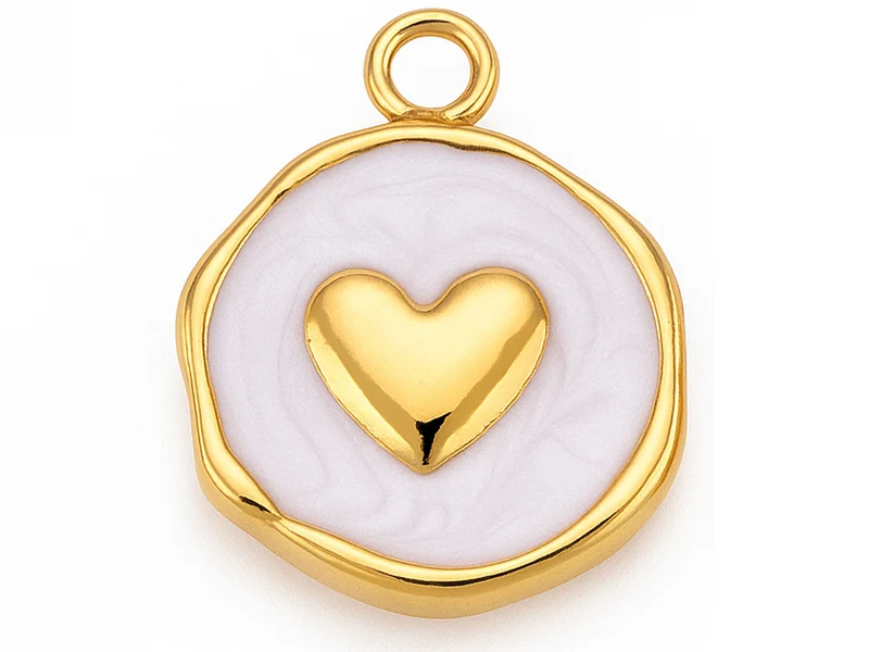 Pendentif cœur émaillé blanc en acier inoxydable 304 plaqué or 18 K