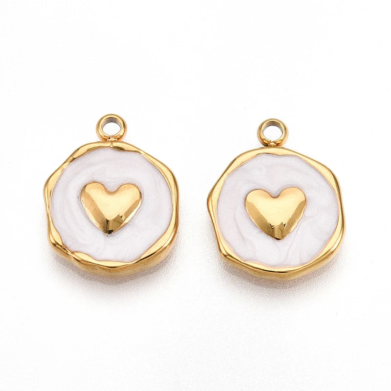 Pendentif cœur émaillé blanc en acier inoxydable 304 plaqué or 18 K
