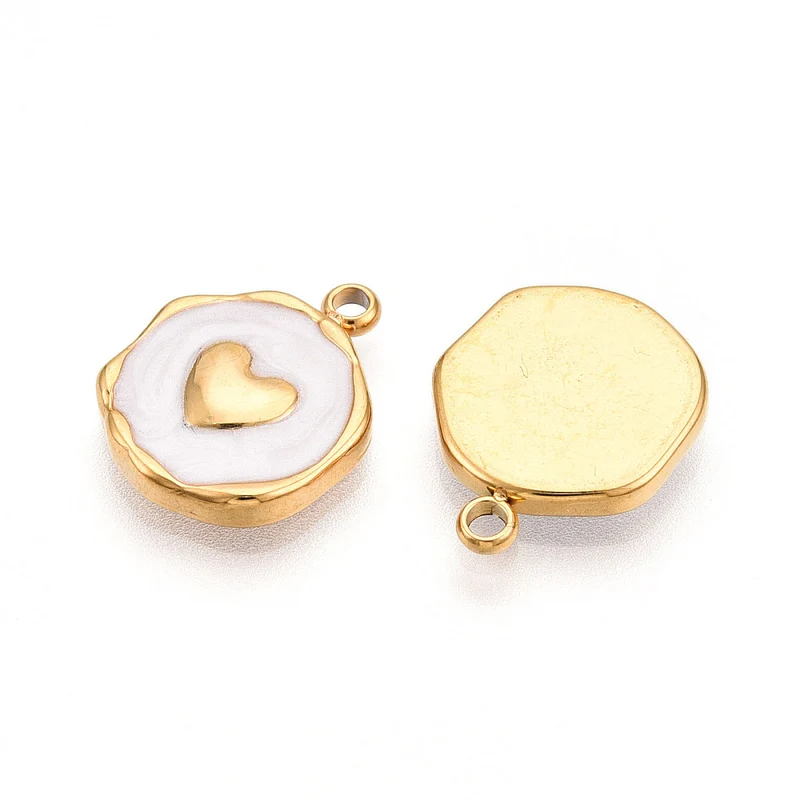 Pendentif cœur émaillé blanc en acier inoxydable 304 plaqué or 18 K