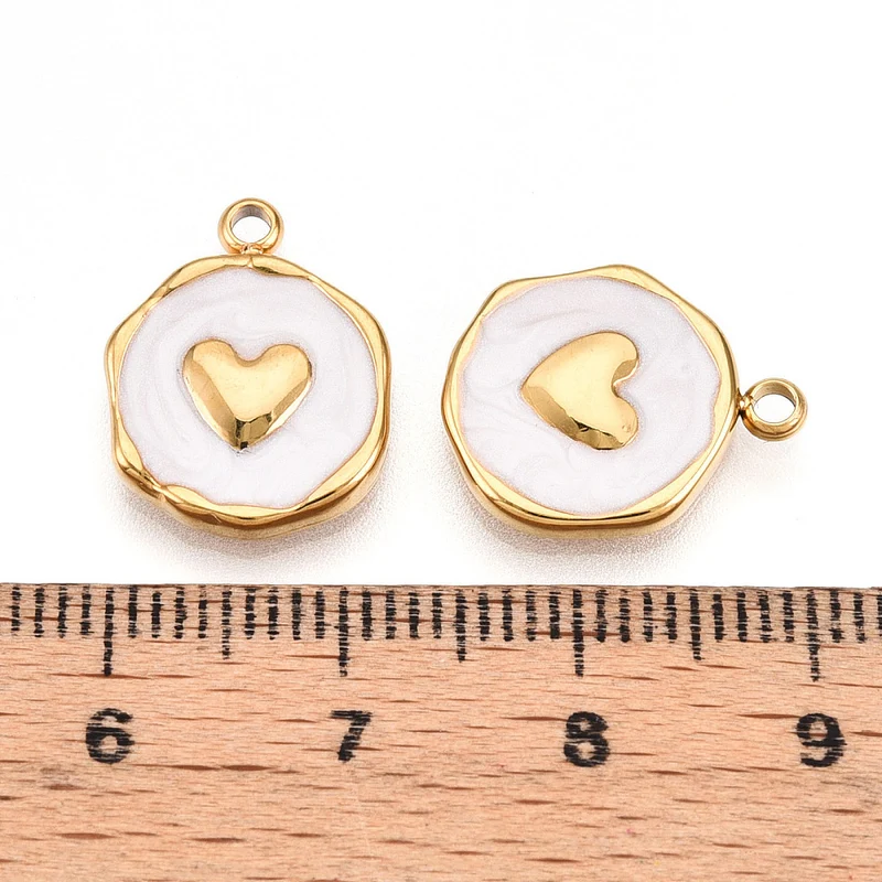 Pendentif cœur émaillé blanc en acier inoxydable 304 plaqué or 18 K