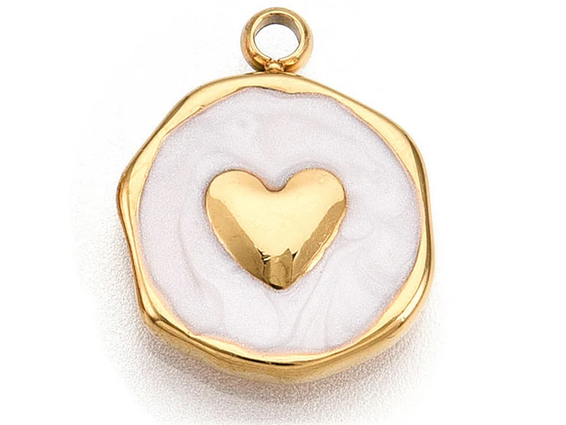 Pendentif cœur émaillé blanc en acier inoxydable 304 plaqué or 18 K