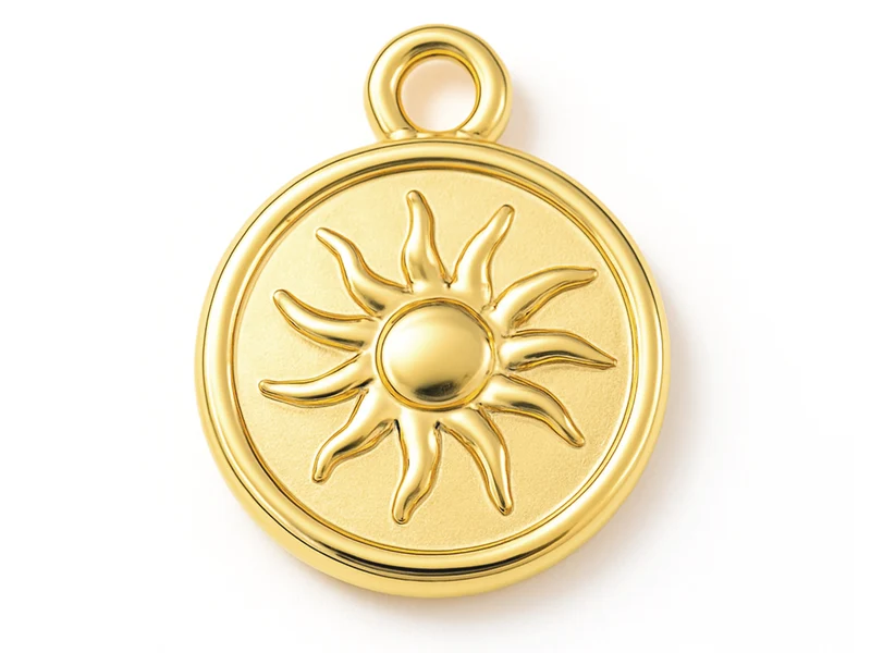 Pendentif rond avec soleil en acier inoxydable 304 doré à l’or fin 18 K