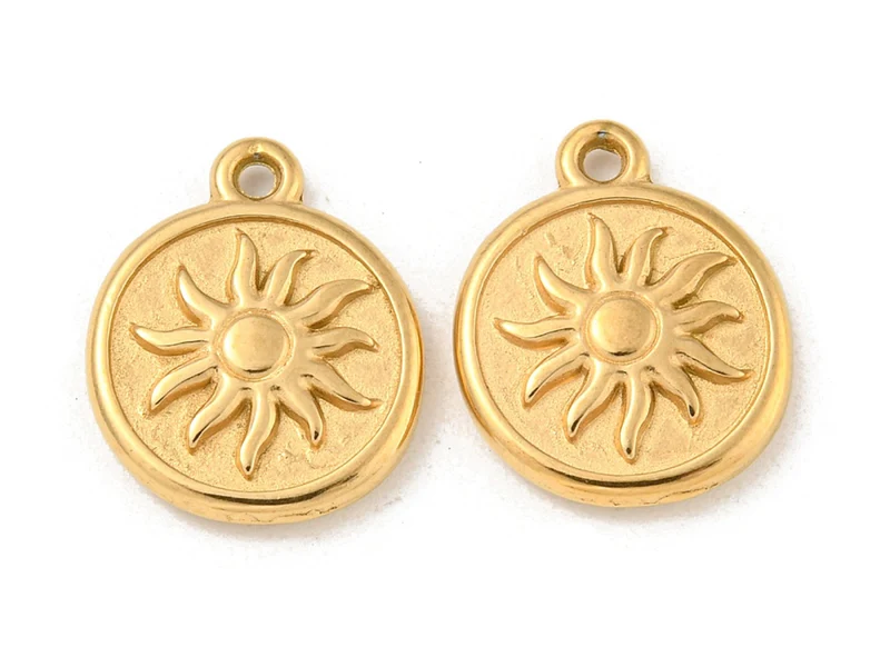 Pendentif rond avec soleil en acier inoxydable 304 doré à l’or fin 18 K