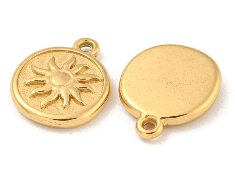 Pendentif rond avec soleil en acier inoxydable 304 doré à l’or fin 18 K
