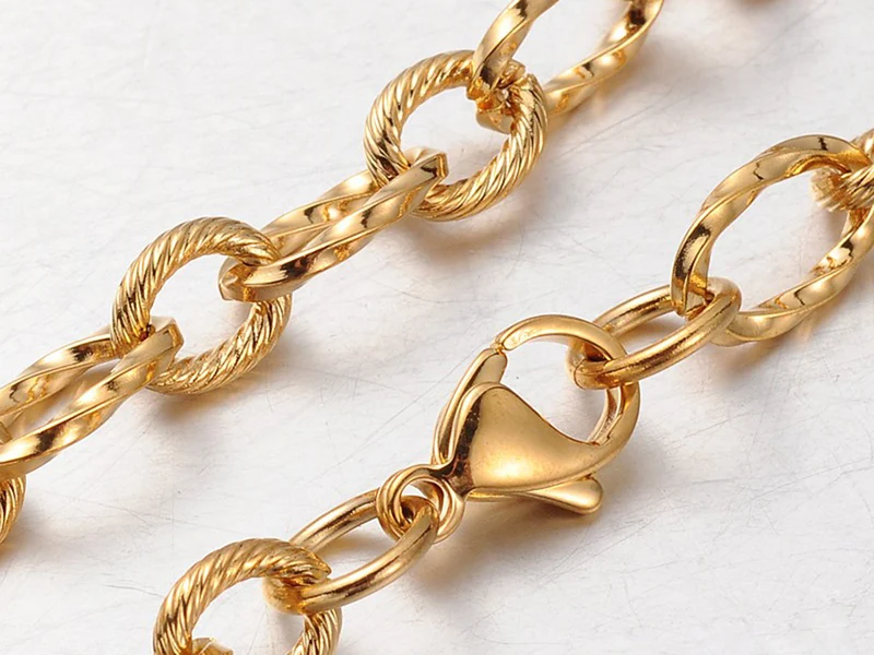 Collier chaîne cable texturée en acier inoxydable 304 doré à l’or fin